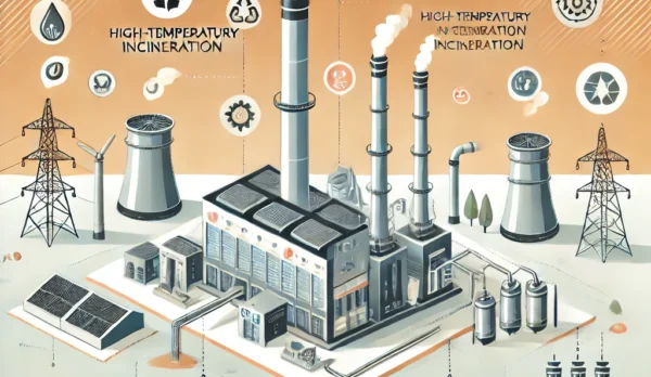 DALL·E 2024-11-07 15.03.00 - An illustration of gas waste incineration in an industrial setting, showing industrial facilities with smokestacks emitting controlled gas flows. High