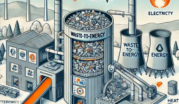 DALL·E 2024-11-07 15.38.31 - A detailed illustration of a waste-to-energy plant, showing the process of waste incineration transforming trash into usable energy. Depict waste bein