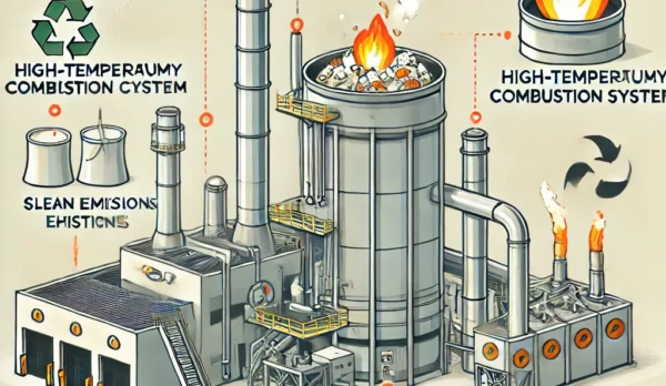 DALL·E 2024-11-11 12.56.47 - An illustration of a petrochemical waste incinerator in action, showing the waste feeding process, high-temperature combustion chamber, emission contr